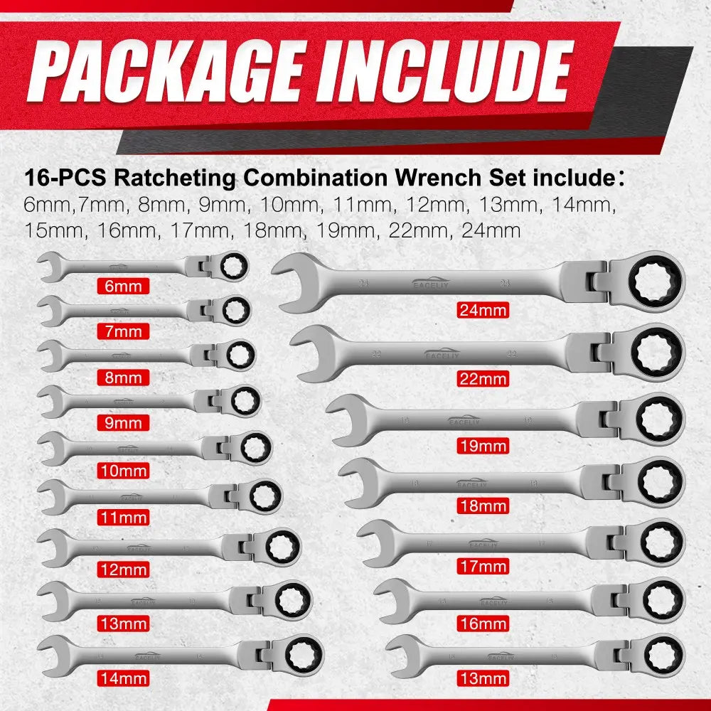 16-Piece Flex-Head Ratcheting Wrench Set | Metric 6-24mm